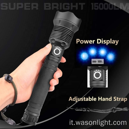 2000 lumens USB Hunting ricaricabile Waterproproof XHP70 Torcia LED Torcia LED ad alta luce zoomabile con visualizzazione dello stato di potenza